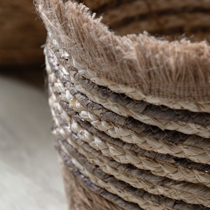 Fringed Woven Basket in Brown Stripe Set of 3