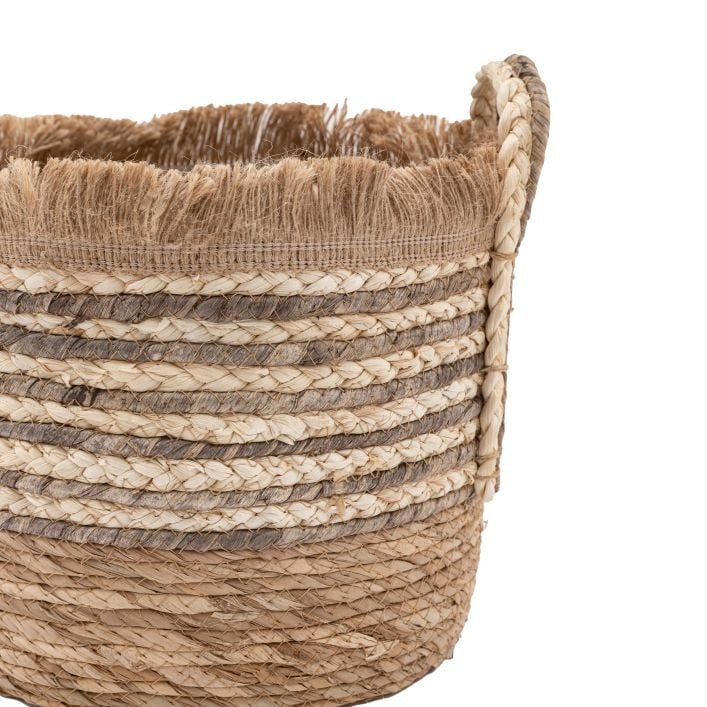 Fringed Woven Basket in Brown Stripe Set of 3