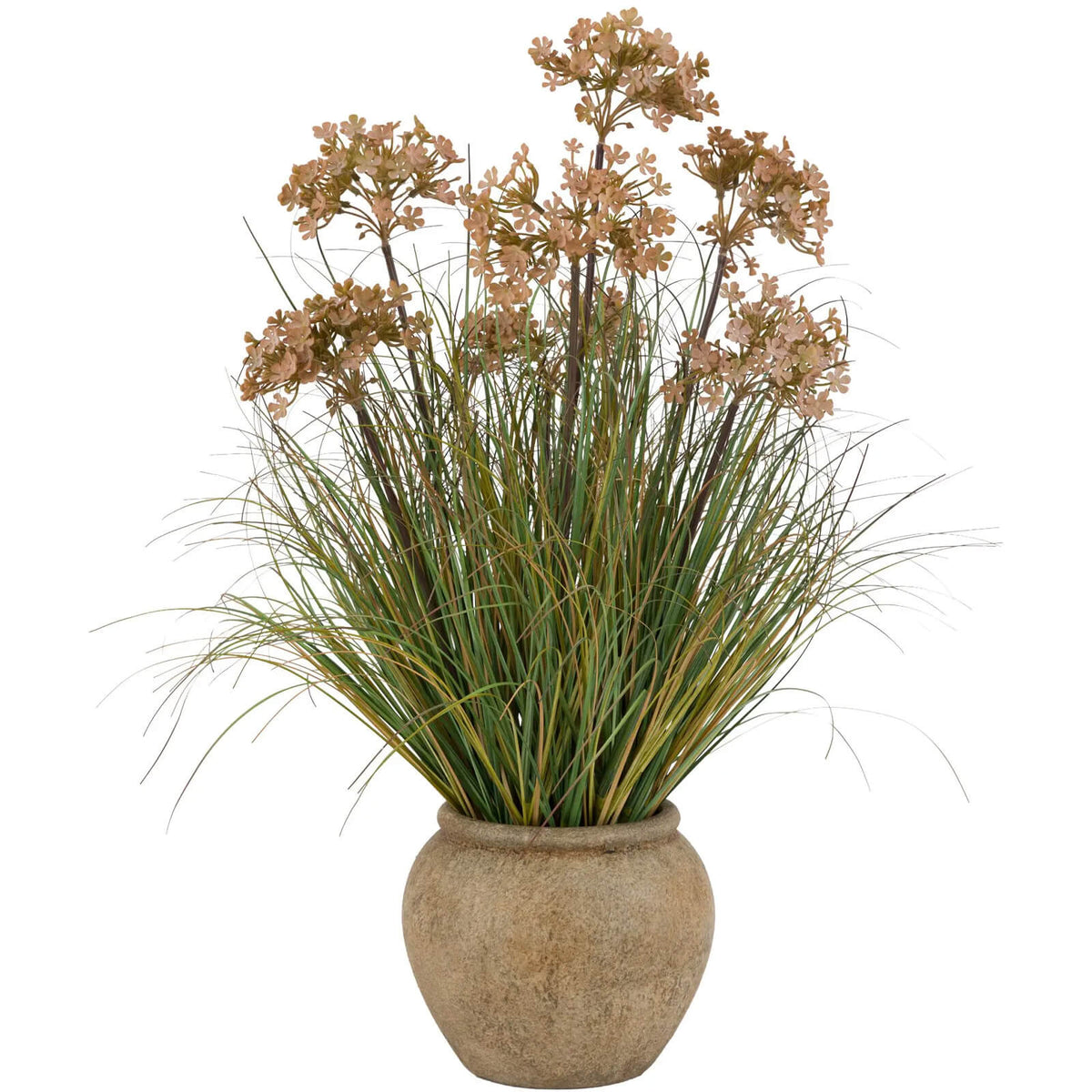 Potted Grass Flowers in Rustic Pot