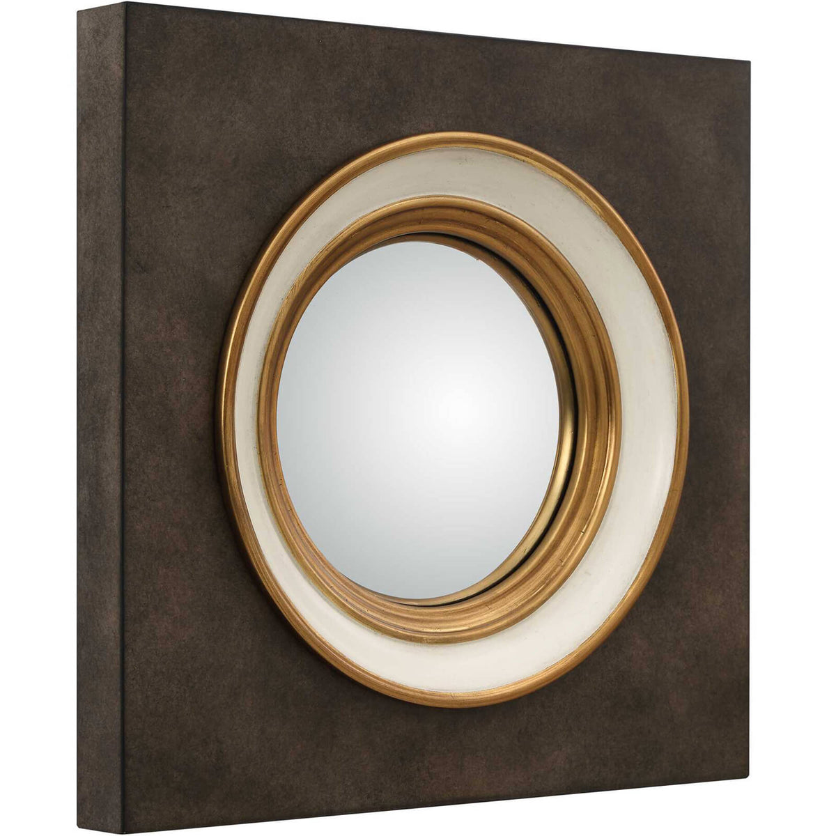 Federal Case Round Mirror in Brushed Gold and Burl Wood