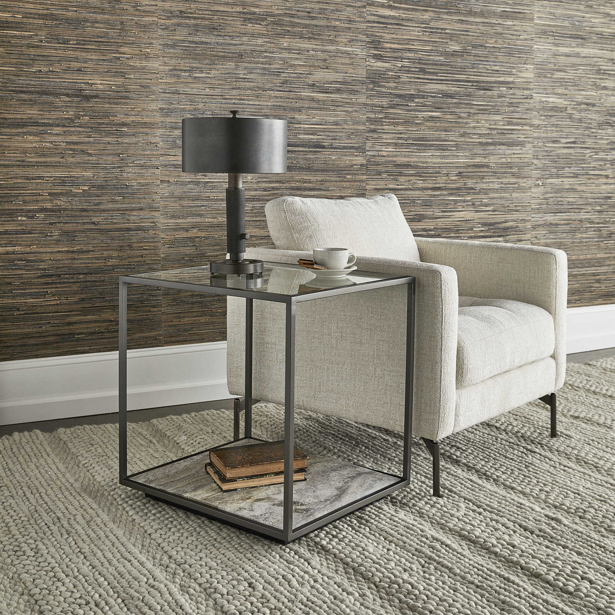 Floating Plane End Table - Travertine/Bronze