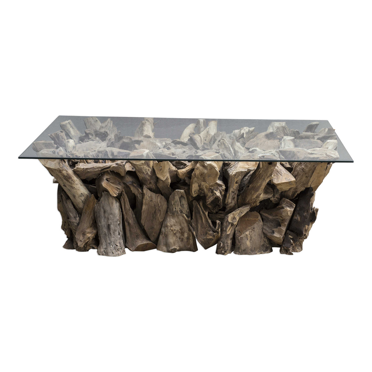 A natural teak root base coffee table with clear glass top