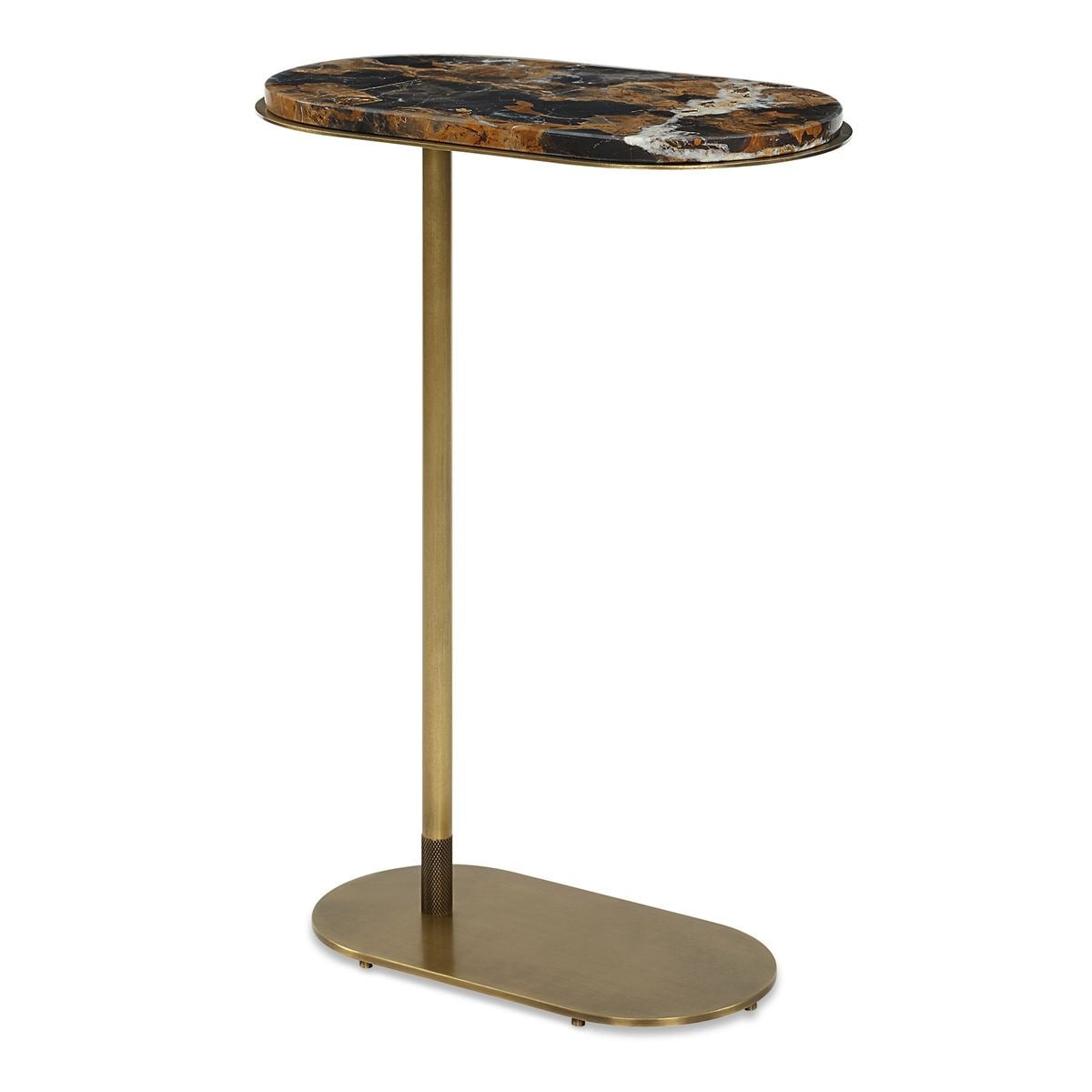 A white background image showing the Black Label Lozenge Accent Table with elegant brass leg and base beneath a lozenge shape Michelangelo marble top.