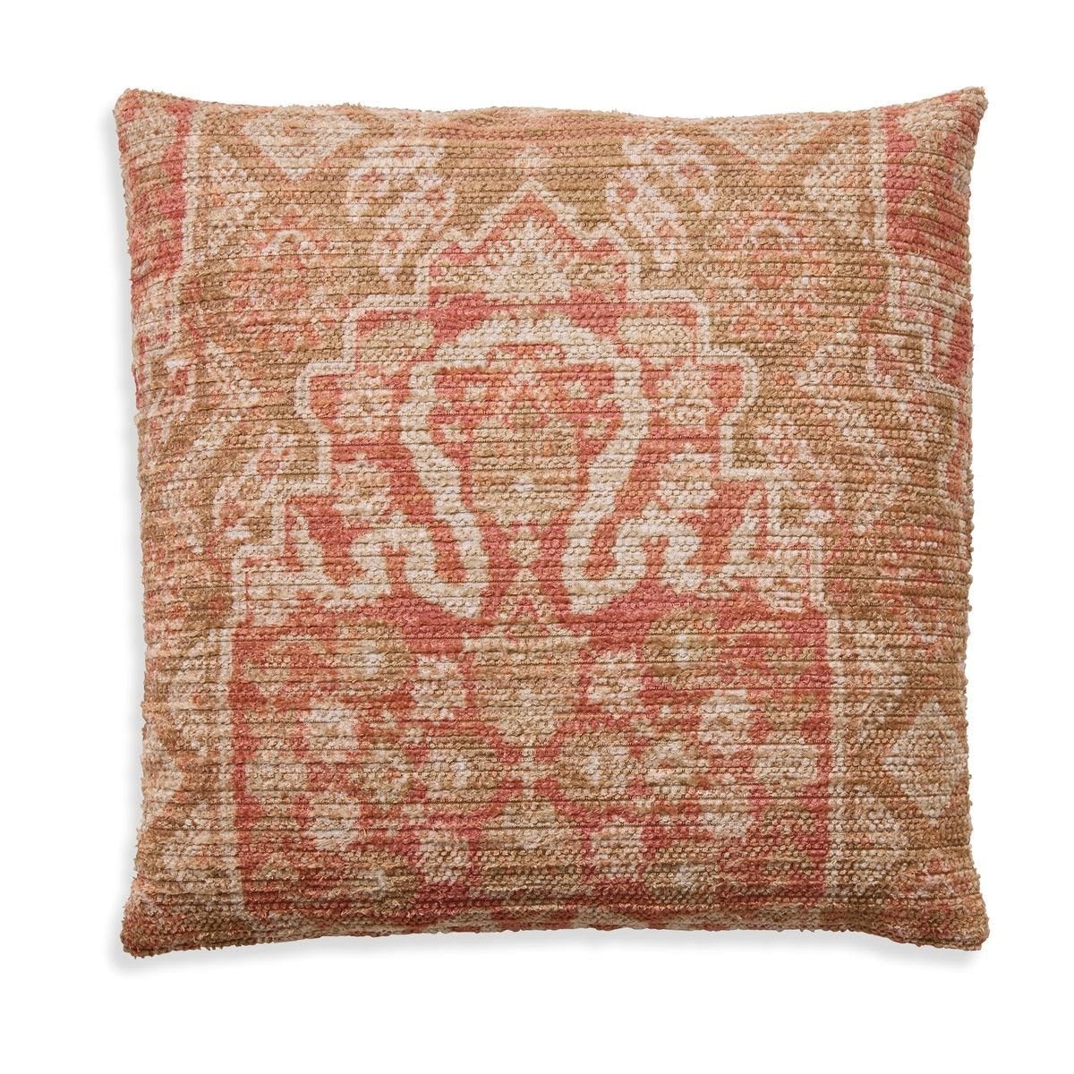 A decorative cushion with oriental style pattern made from a soft chenille fabric.