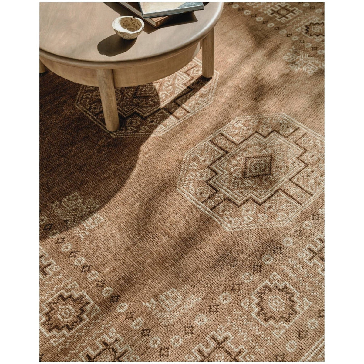 Close up of Riviera rug texture showing artisan hand-knotted weave in New Zealand wool and cotton fibres