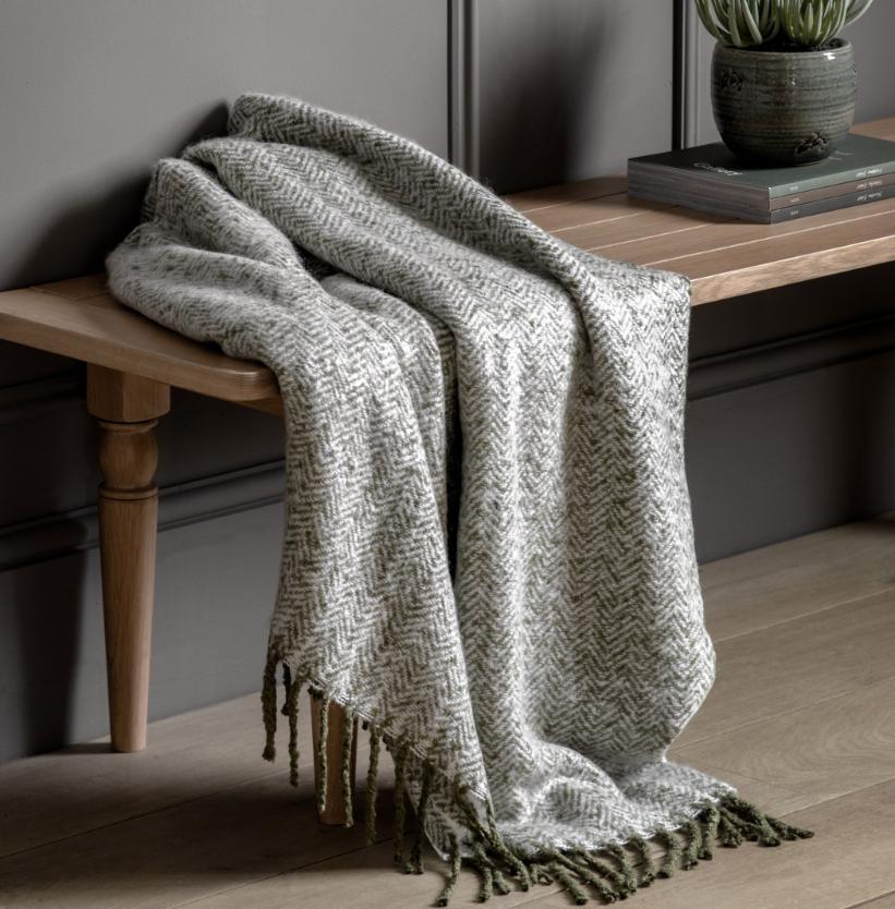 Herringbone Faux Mohair Throw Olive