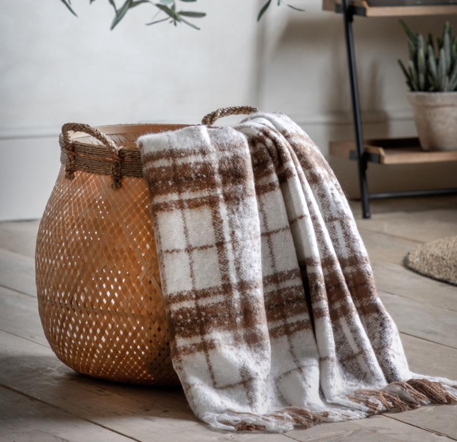 Tan Check Faux Mohair Throw