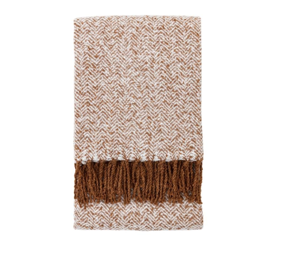 Tan Herringbone Faux Mohair Throw Blanket