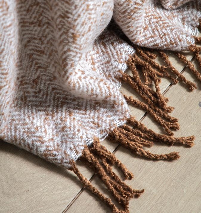 Tan Herringbone Faux Mohair Throw Blanket