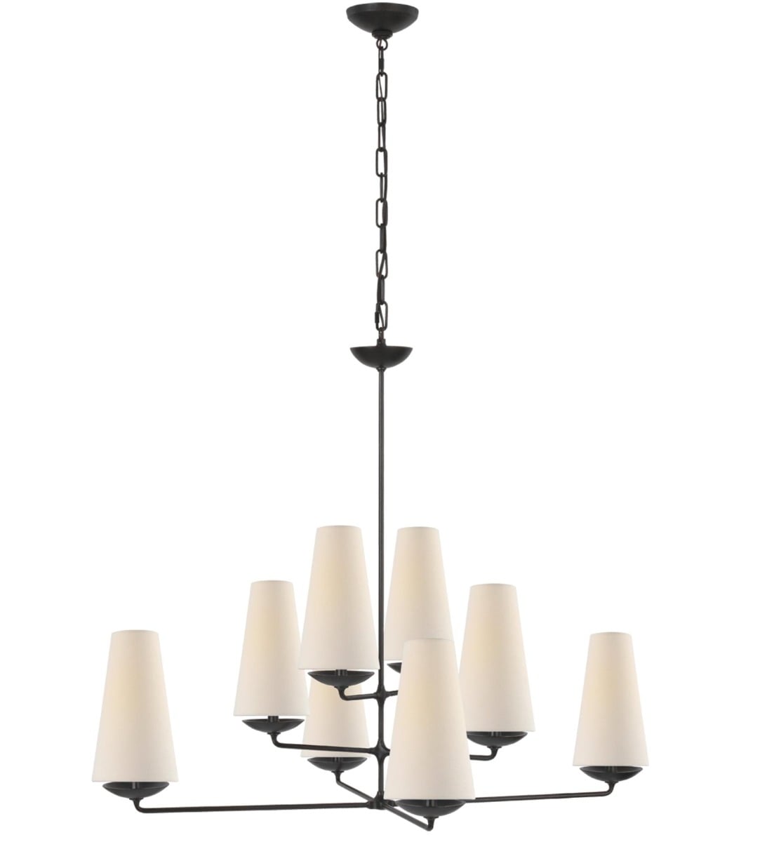 Fontaine Large Offset Chandelier in Aged Iron with Linen Shades