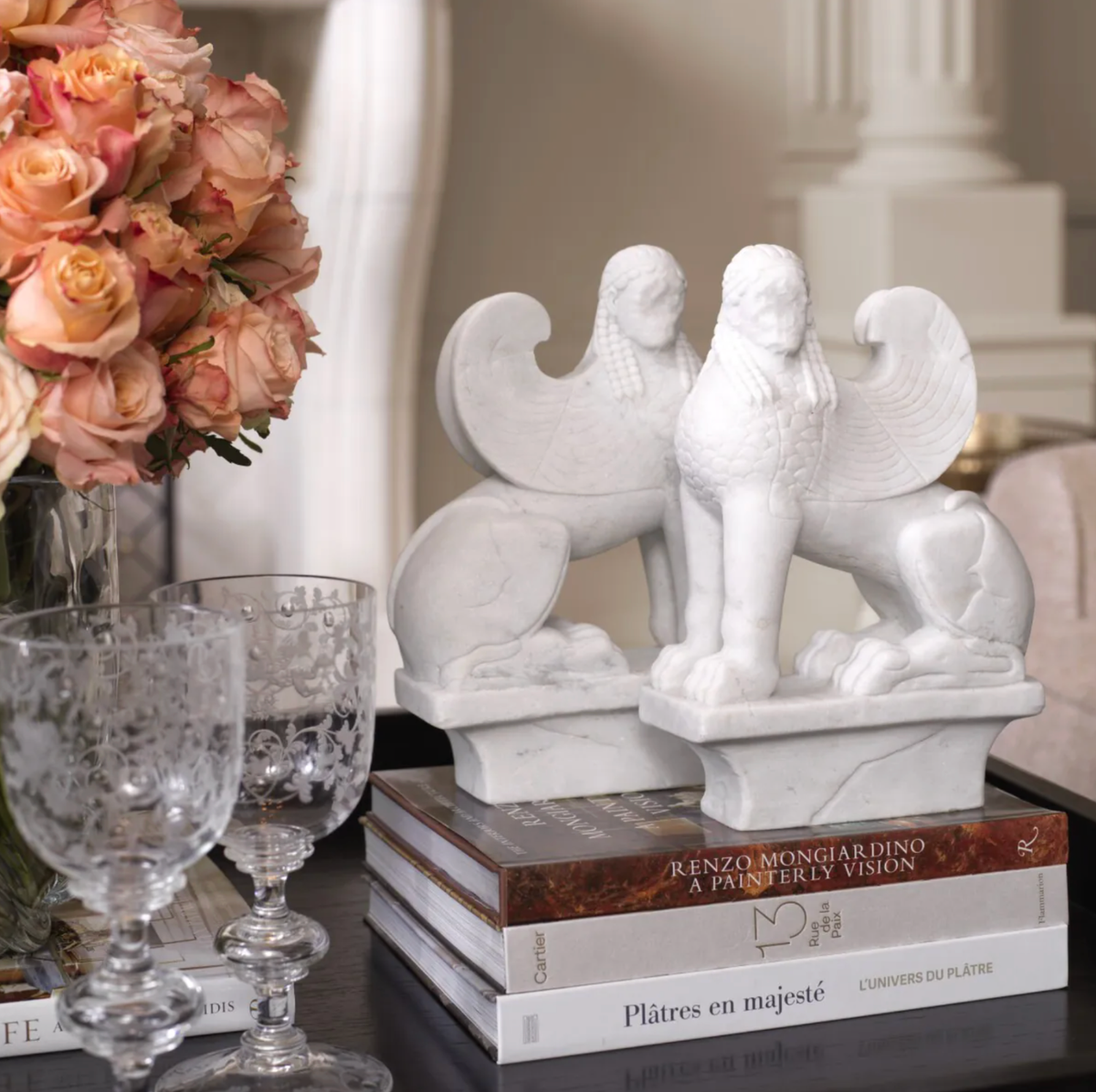 Classical Sphinx Ornaments in White Marble - Set of 2