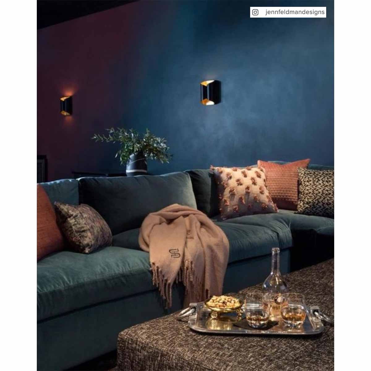 Selfoss Wall Light in Black with Hand-Rubbed Antique Brass Interior