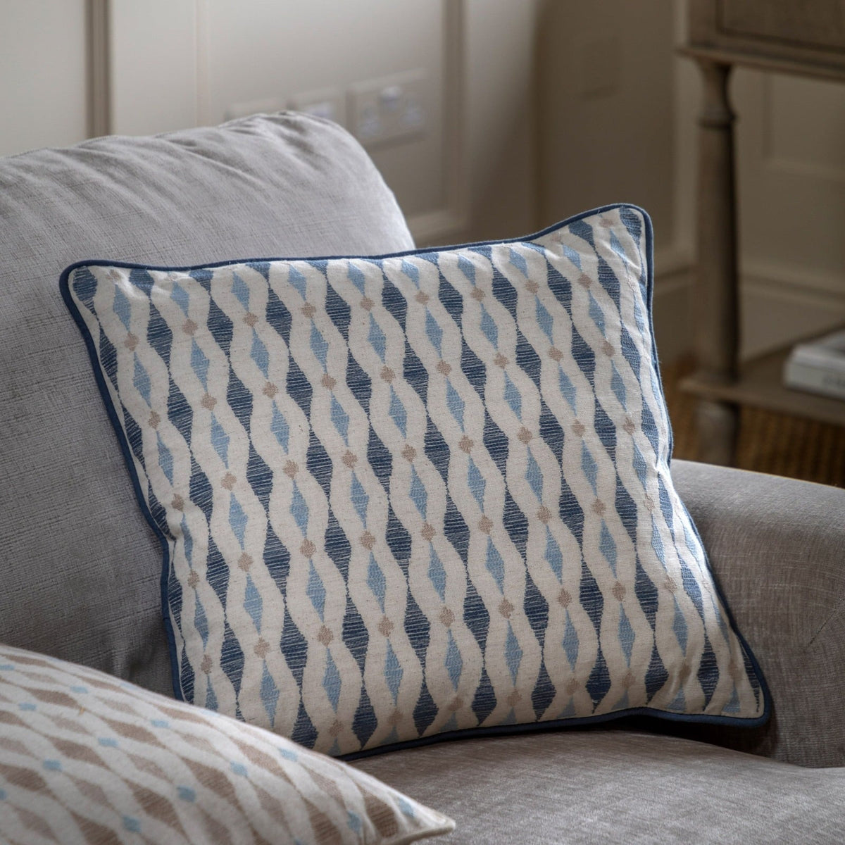 Sierra Ikat Embellished Cushion in Navy Blue