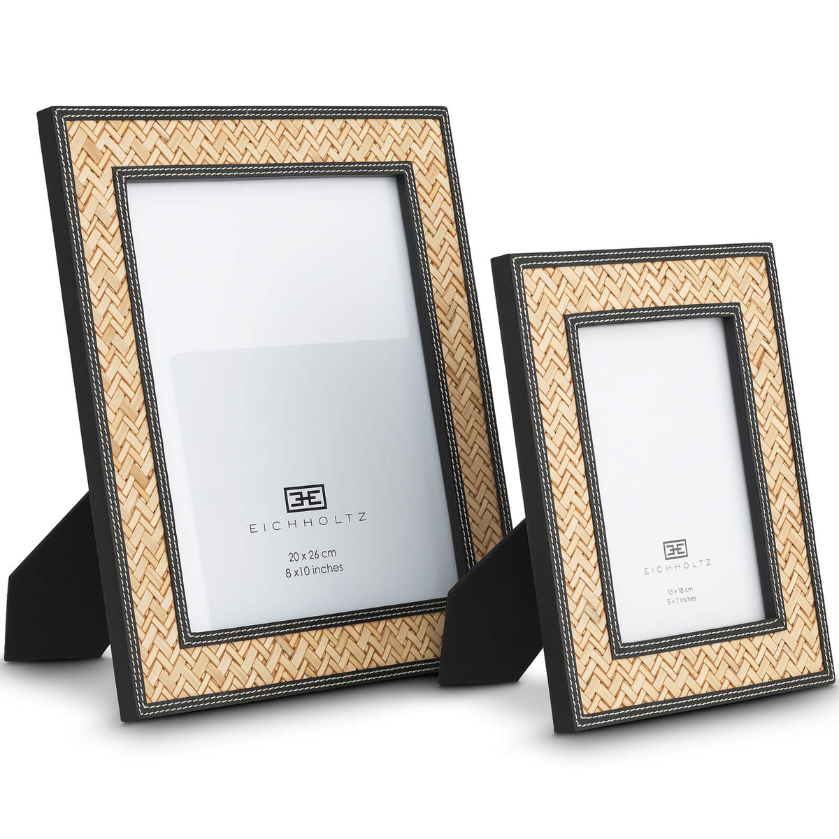 Taos Picture Frame in Black Leather and Neutral Rattan - Set of 2