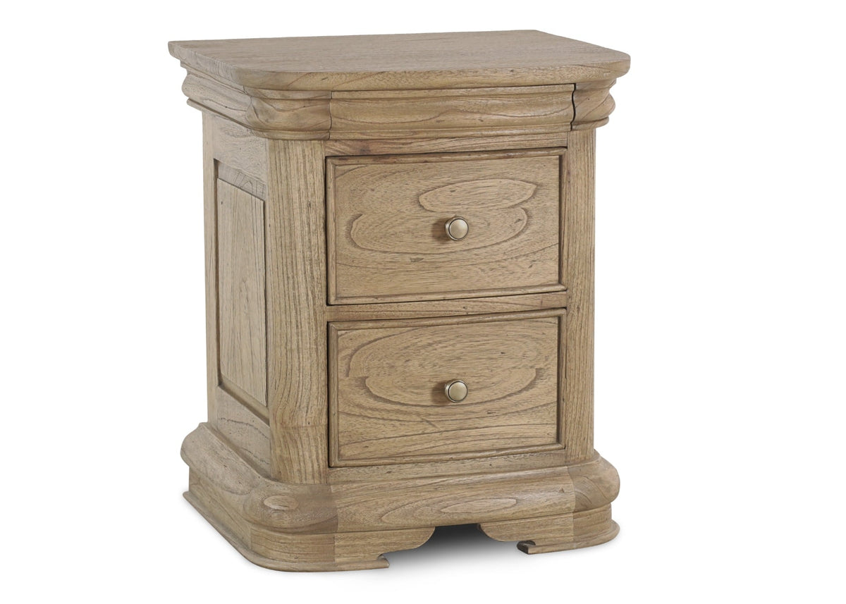 Keiichi Fulbrook Oak 3 Drawer Bedside Table – angled side view showing oak grain and curved design.