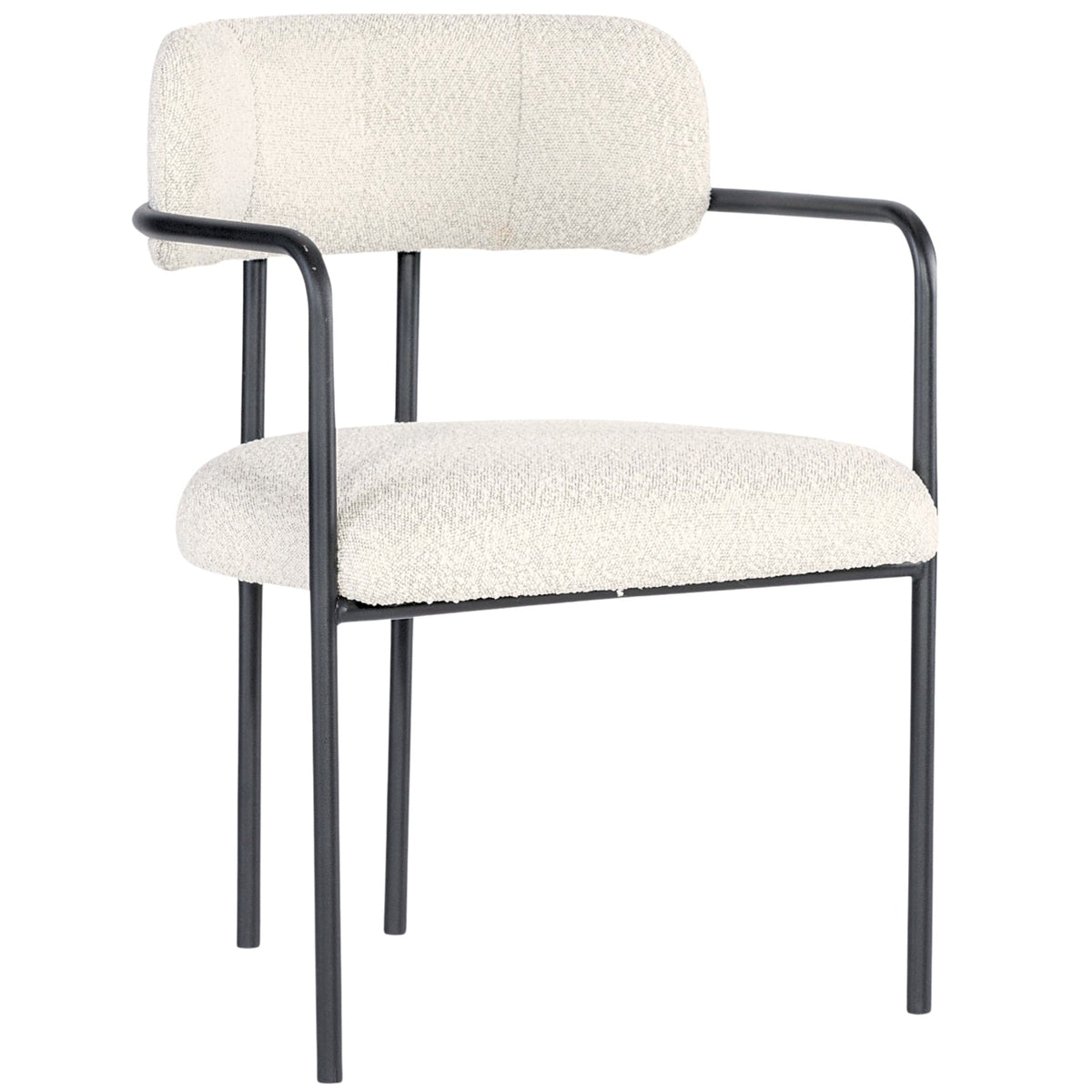 Nordic upholstered arm chair in white boucle fabric with black metal frame, side view