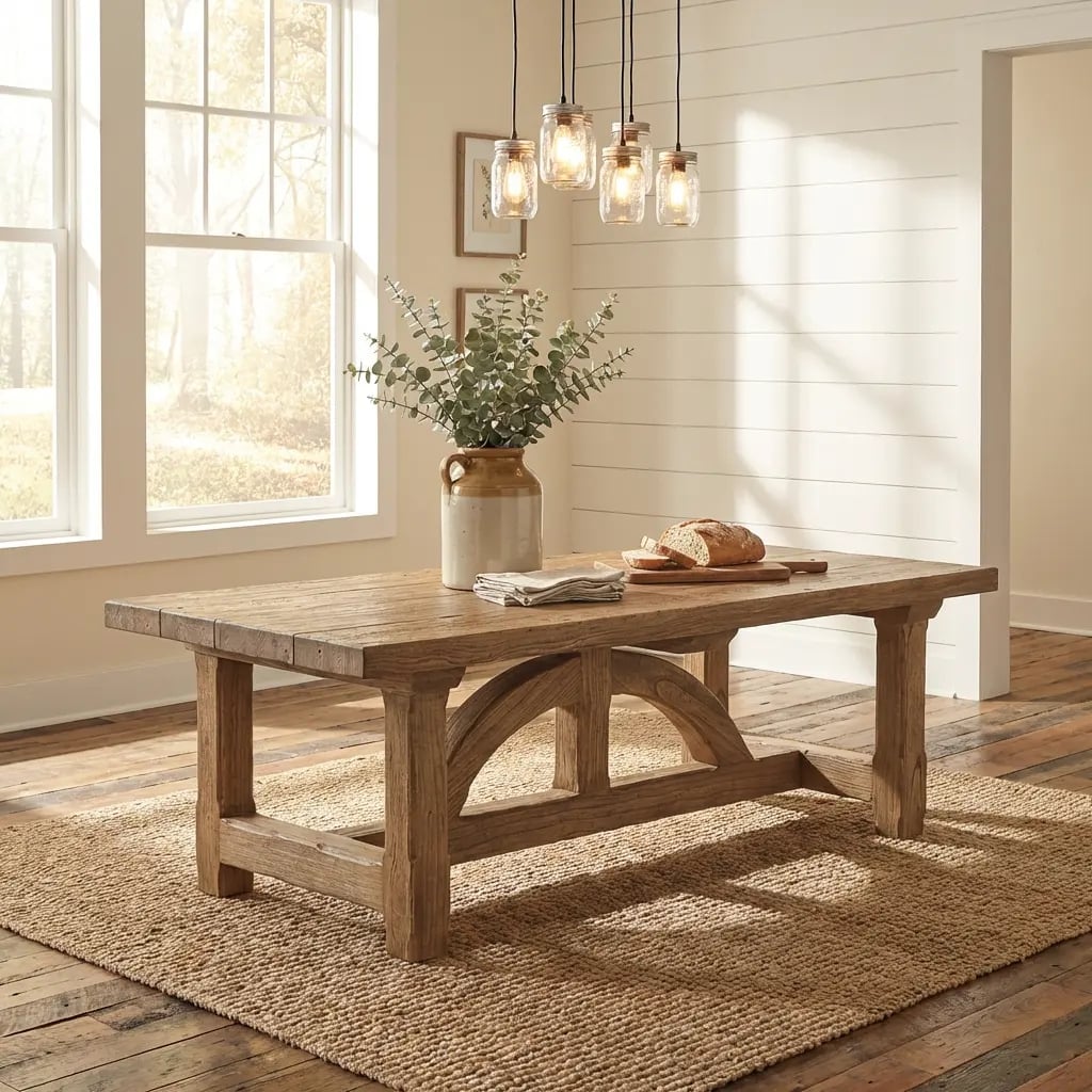 Rustic oak farmhouse dining table styled in bright dining room interior