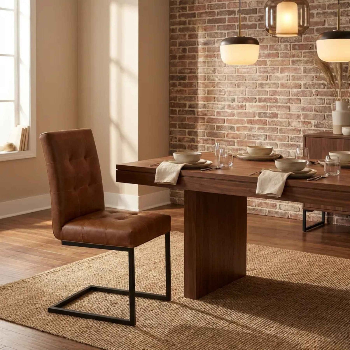 Rupert tan faux leather dining chair styled in modern dining room