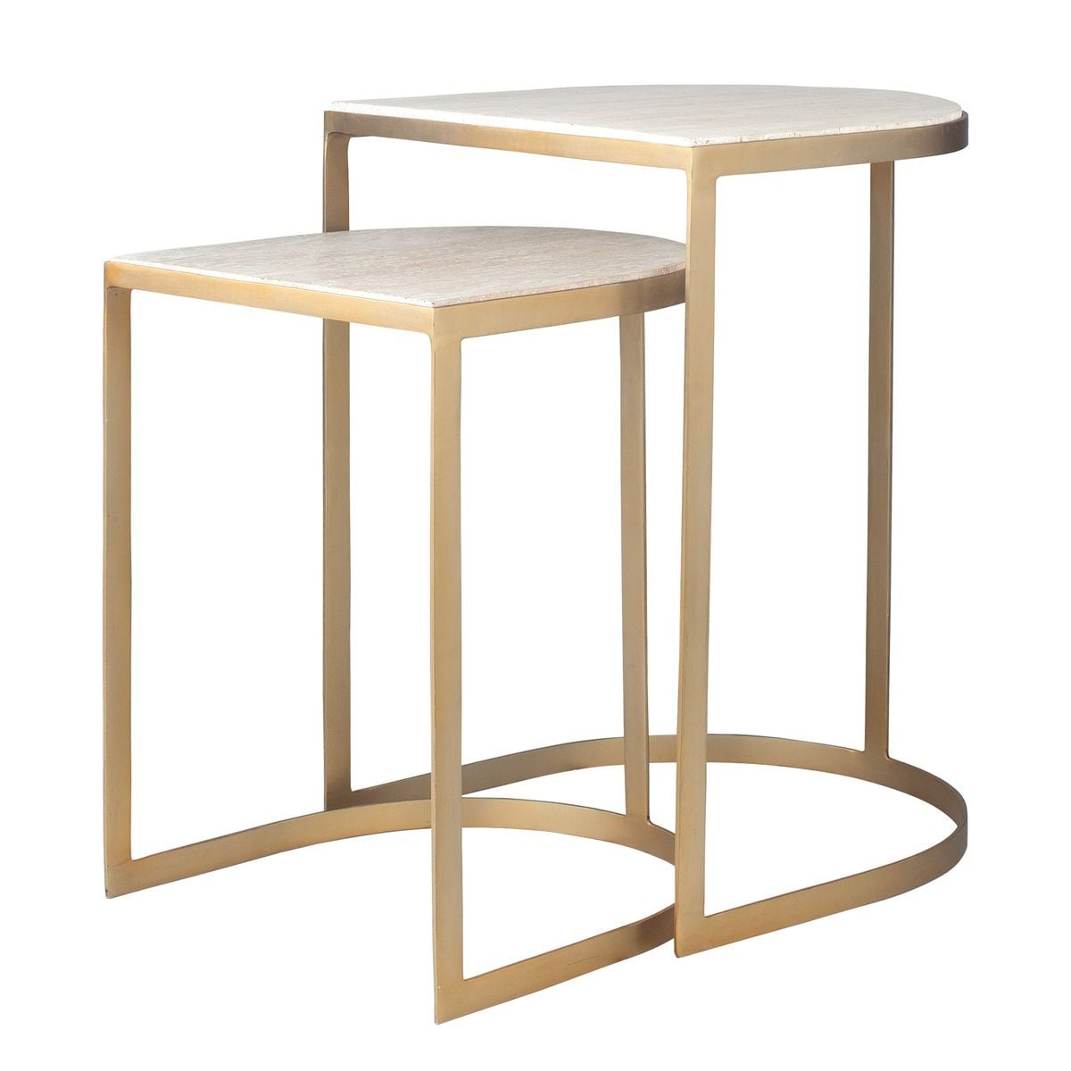 Uttermost Lindon Nesting Tables is a sophisticated pair of nesting tables featuring a curved metal strap frame in a refined gold finish and two elegant travertine tabletops.
