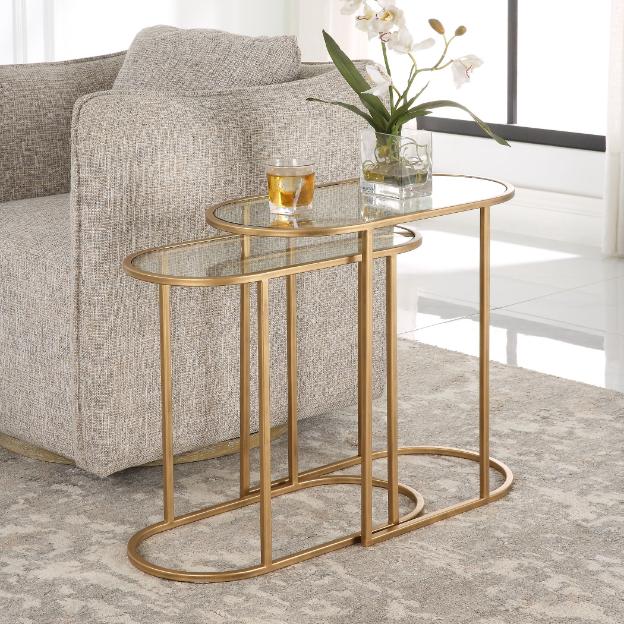 Slide Nesting Side Tables Brass & Glass