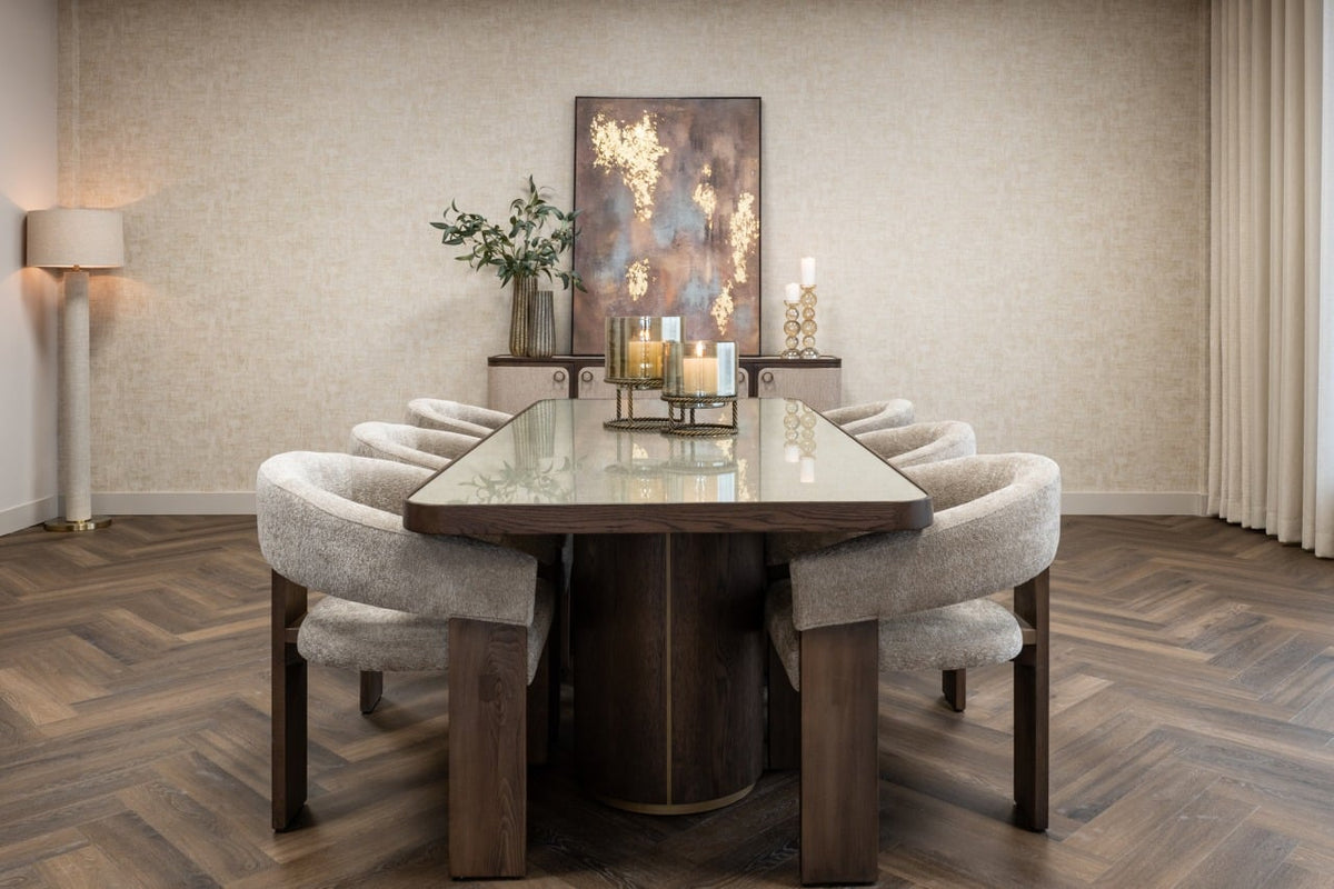 Willox Rectangular Dining Table in Beige with Glass Top 235cm