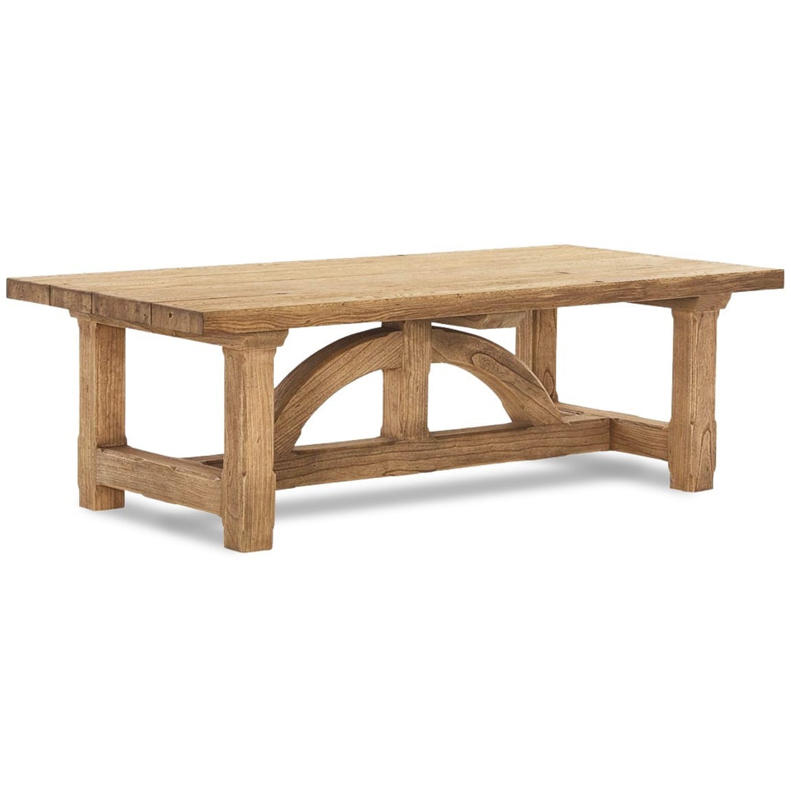 Oak farmhouse dining table showing arched support detail and solid wood construction