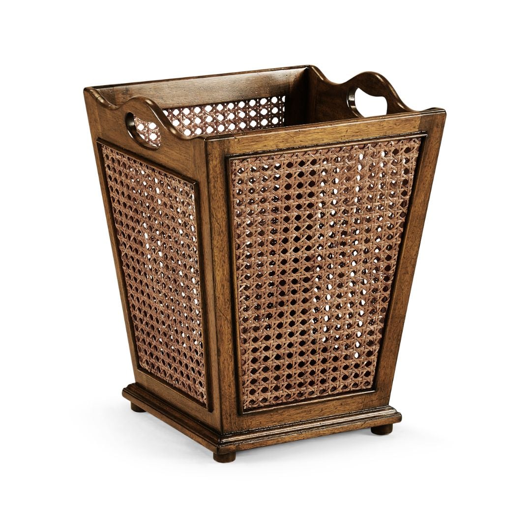 French Style Caned Walnut Waste Basket