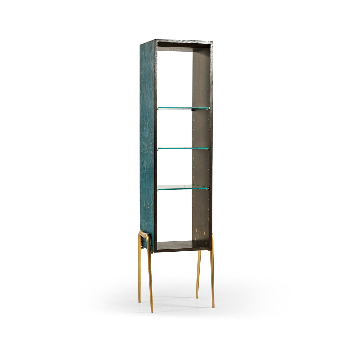 Teal faux shagreen and brass legged etagere, Green