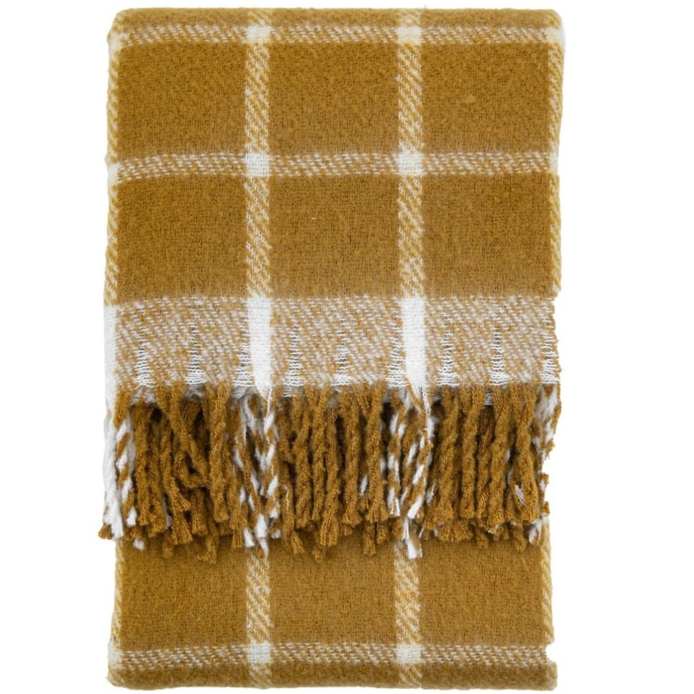 Fringed Mohair Check Throw in Mustard Yellow