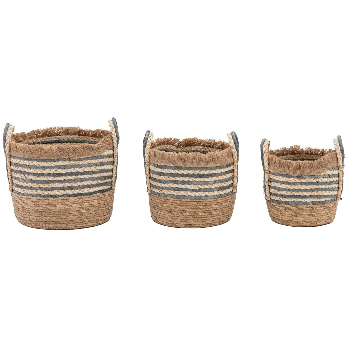 Fringed Woven Basket in Ink Stripe Set of 3