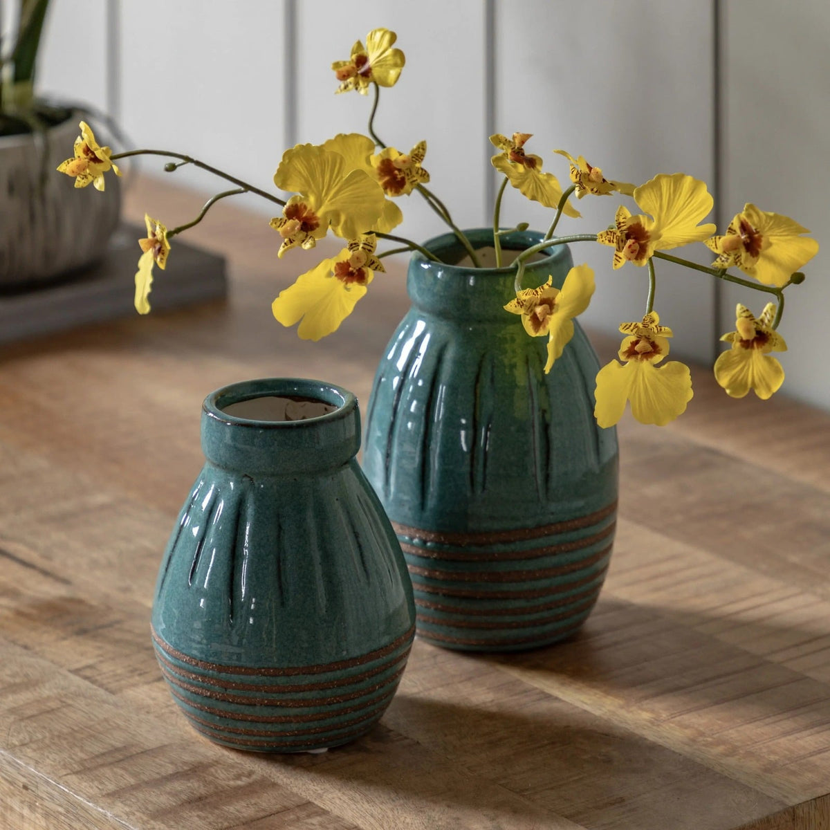 Southwold Ribbed Ceramic Vase Teal Set of 2