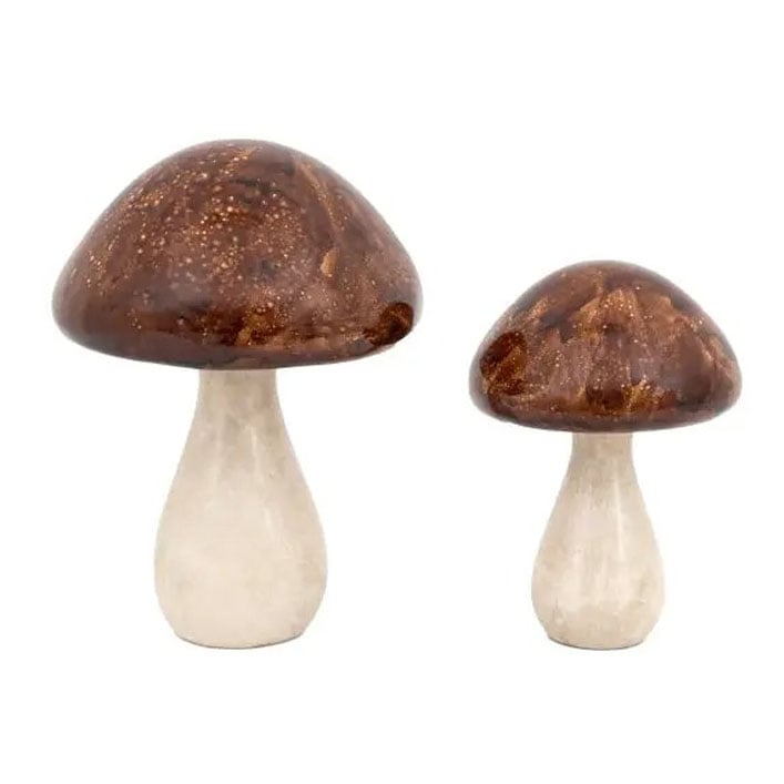Pair of decorative mushroom ornaments with cream stone base and glossy brown tops – modern woodland inspired home décor.