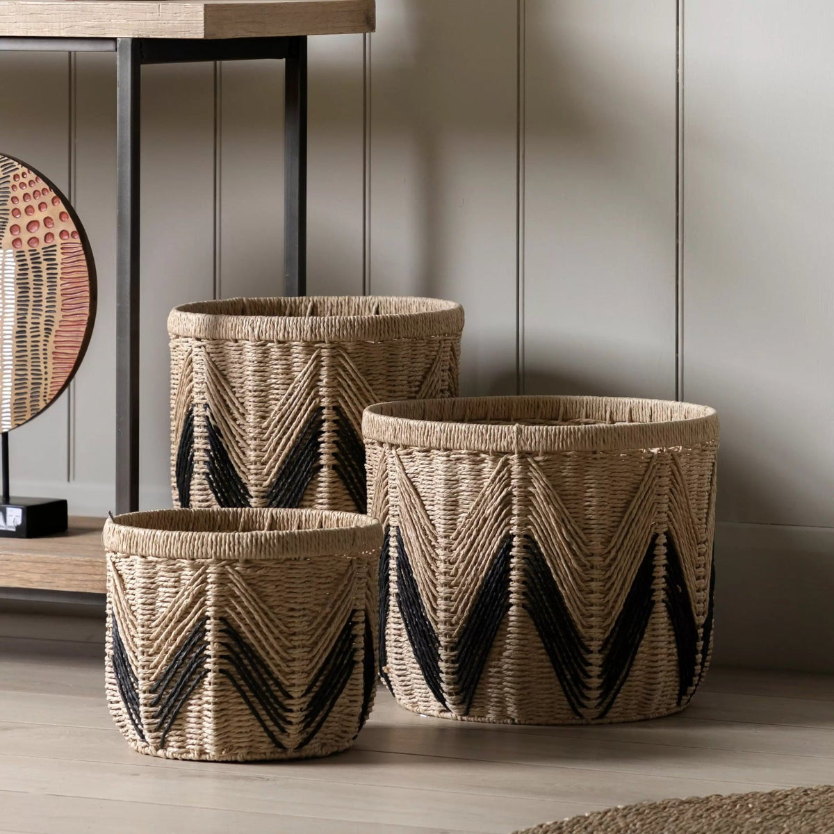 Cameroon Baskets Natural and Black Set of 3