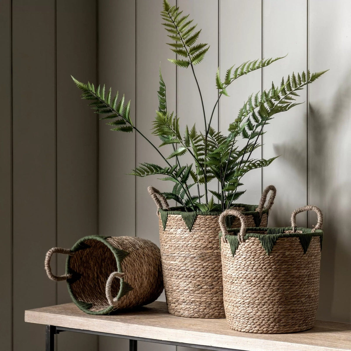 Elgon Baskets Natural and Green Set of 3