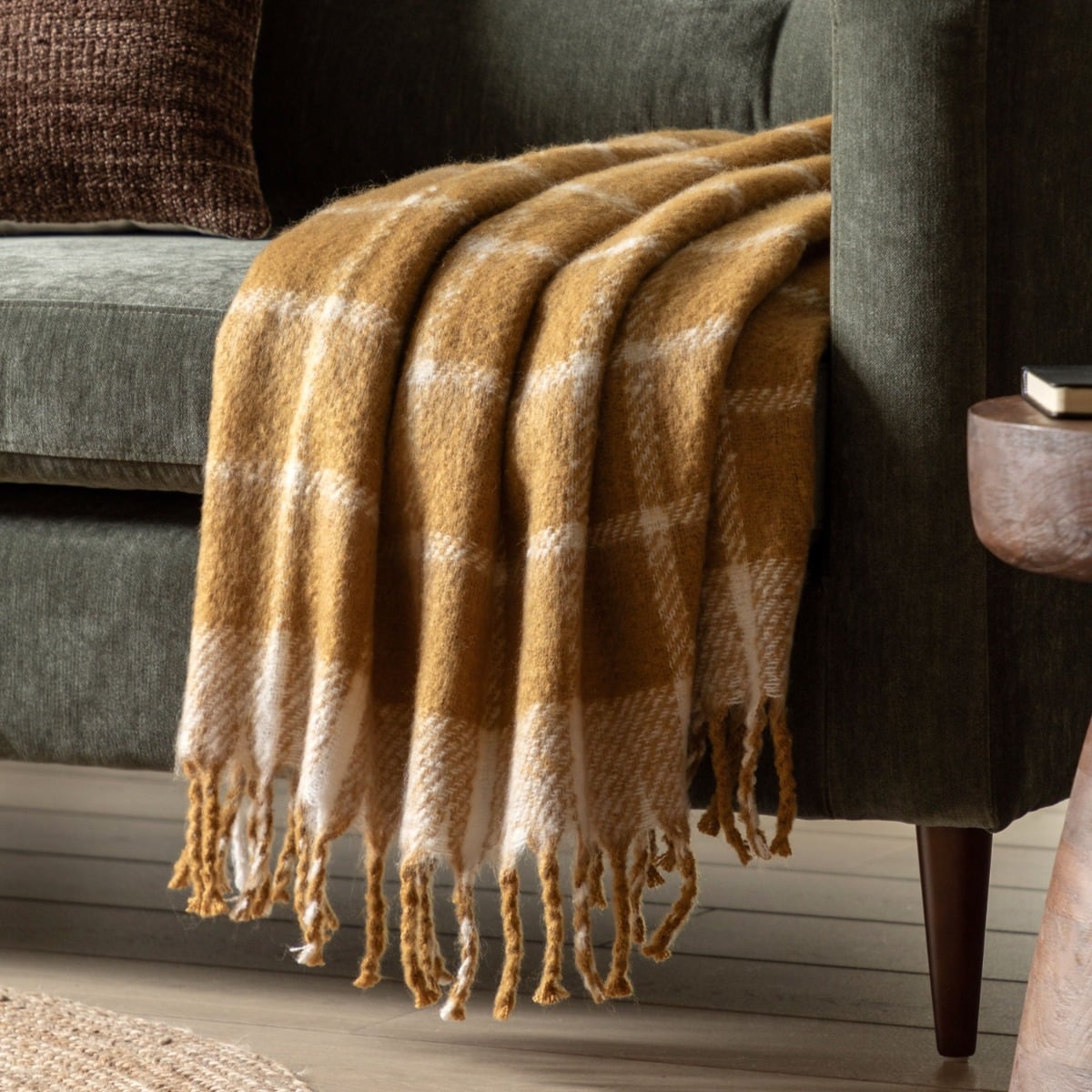 Fringed Mohair Check Throw in Mustard Yellow