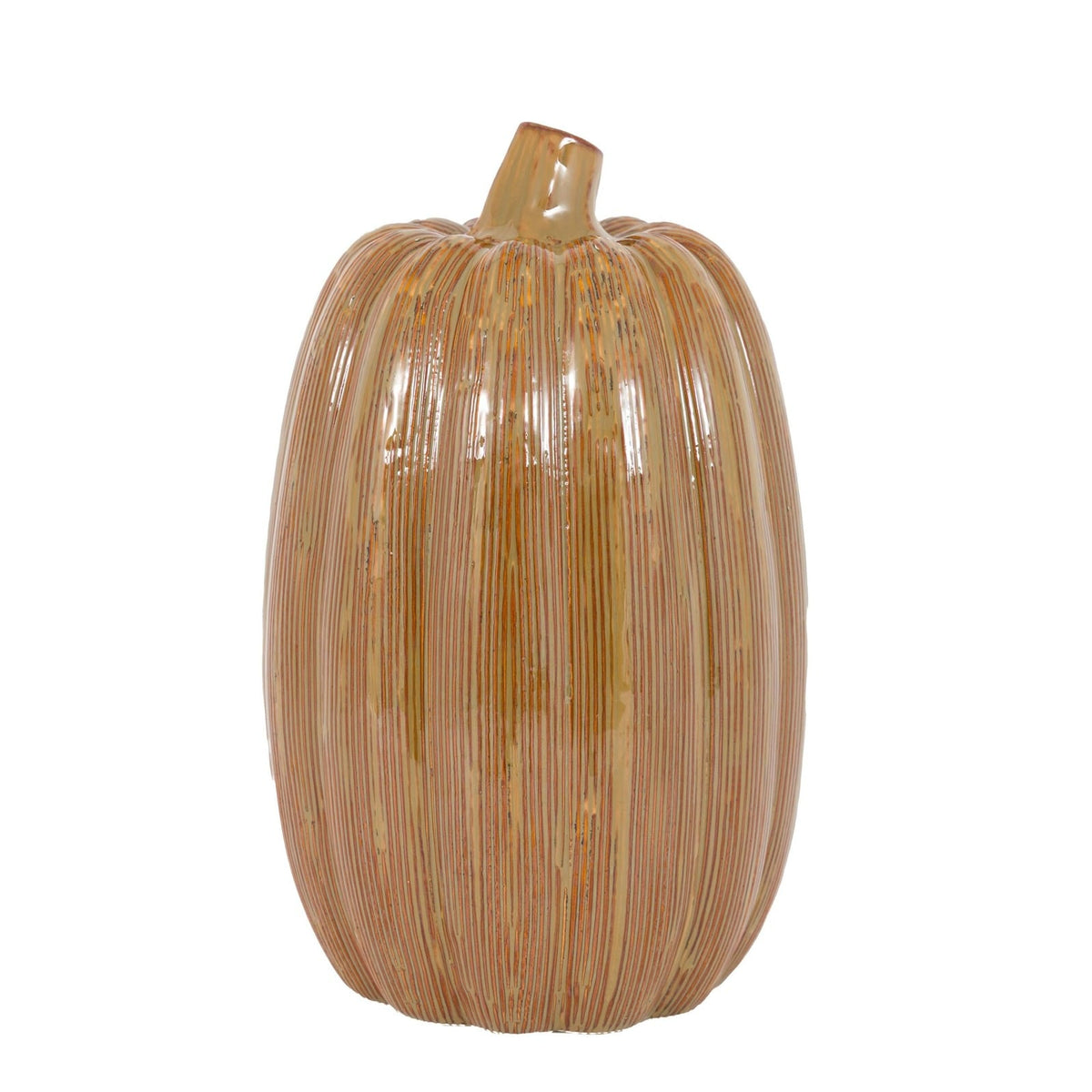 Brown ceramic pumpkin ornament with vertical striped glaze – modern decorative accent for autumn and contemporary interiors.