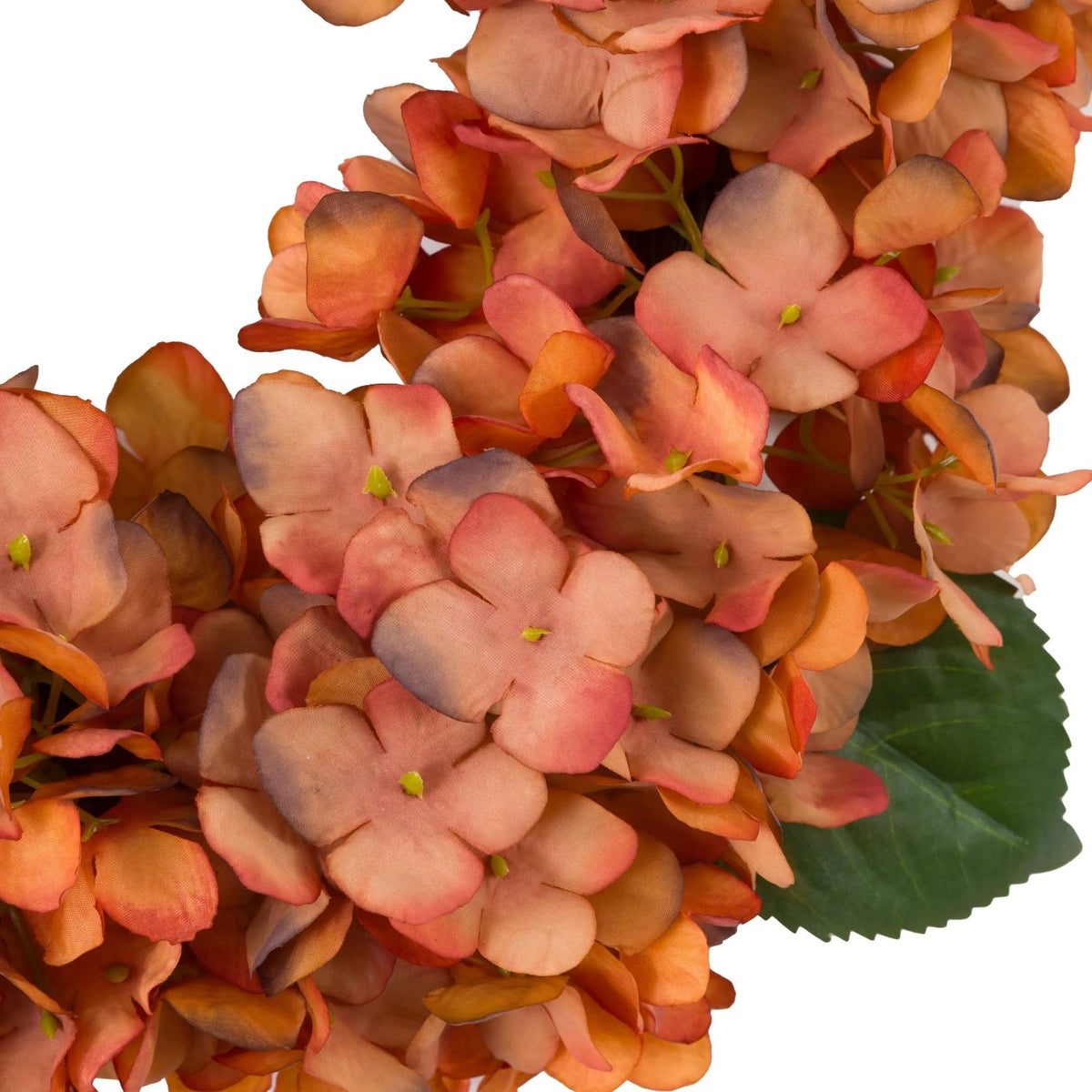 Detailed view of Pavilion Chic Hydrangea Rust Wreath highlighting textured artificial hydrangea petals in vibrant rust, orange, and red tones with realistic finish, perfect autumn home accessory