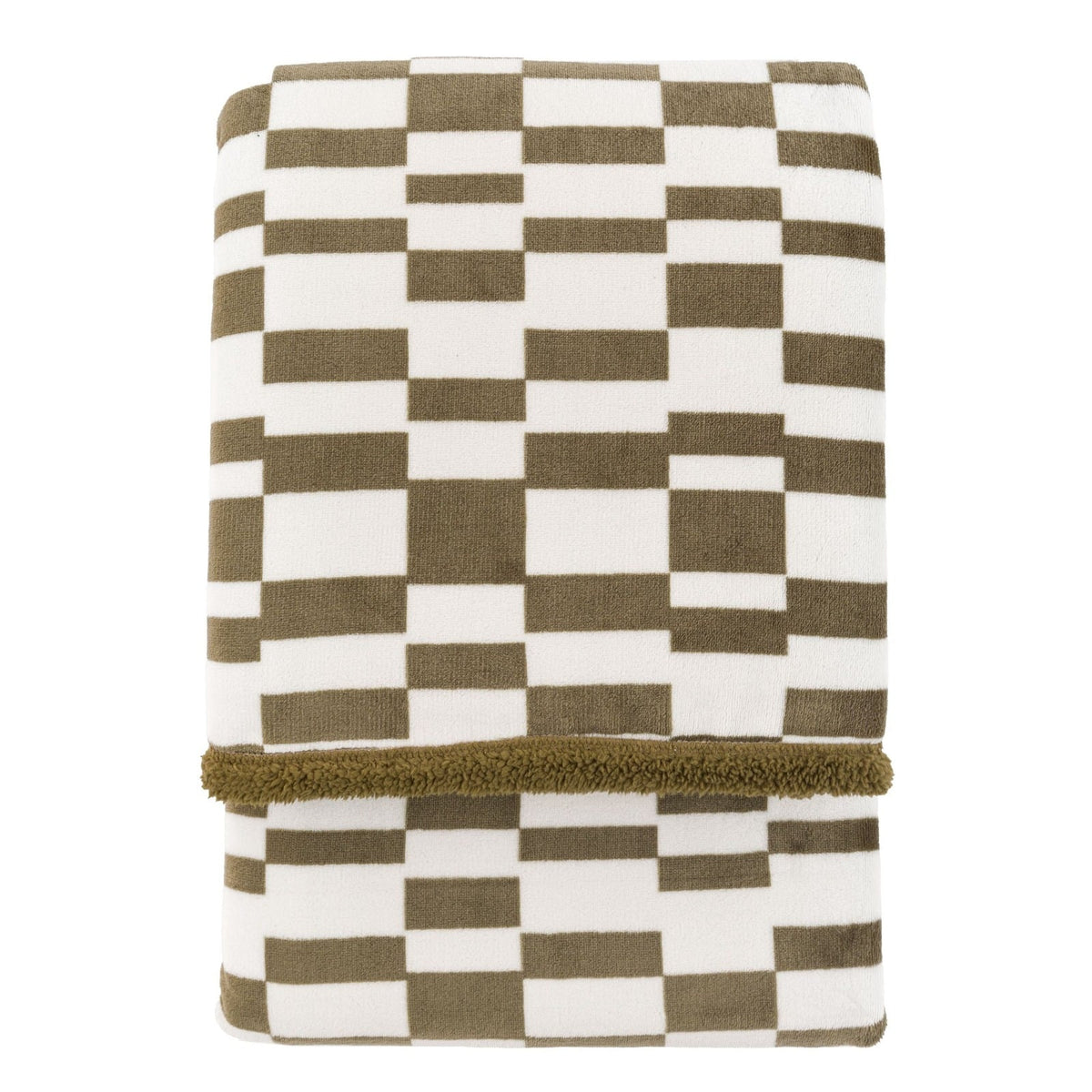 Olive green and white striped throw blanket draped over a modern armchair in a cosy living room setting.