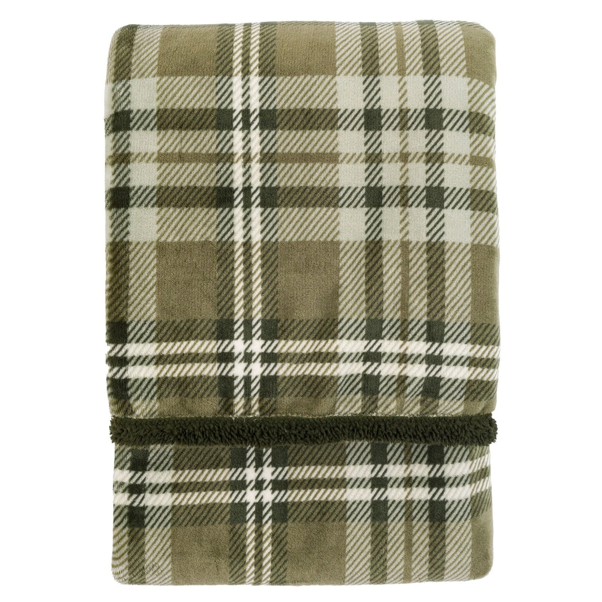 Folded green tartan fleece blanket with sherpa lining on white background.