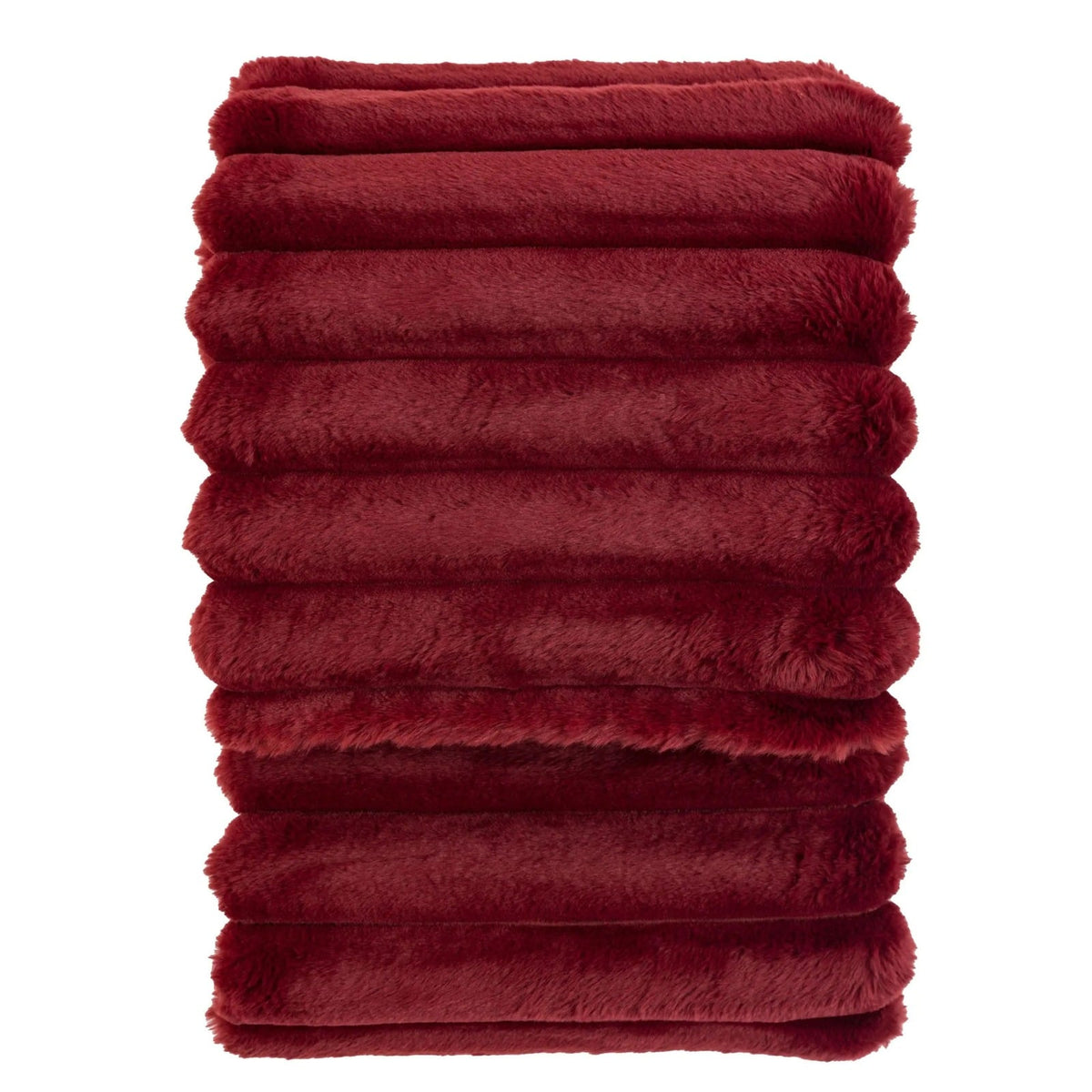 Plush red faux fur throw blanket neatly folded, showcasing soft ribbed texture and rich burgundy colour.