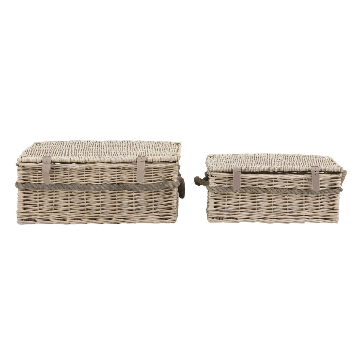 Pair of wicker storage baskets with lids, rope handles and buckle straps, handwoven in grey-washed rattan.