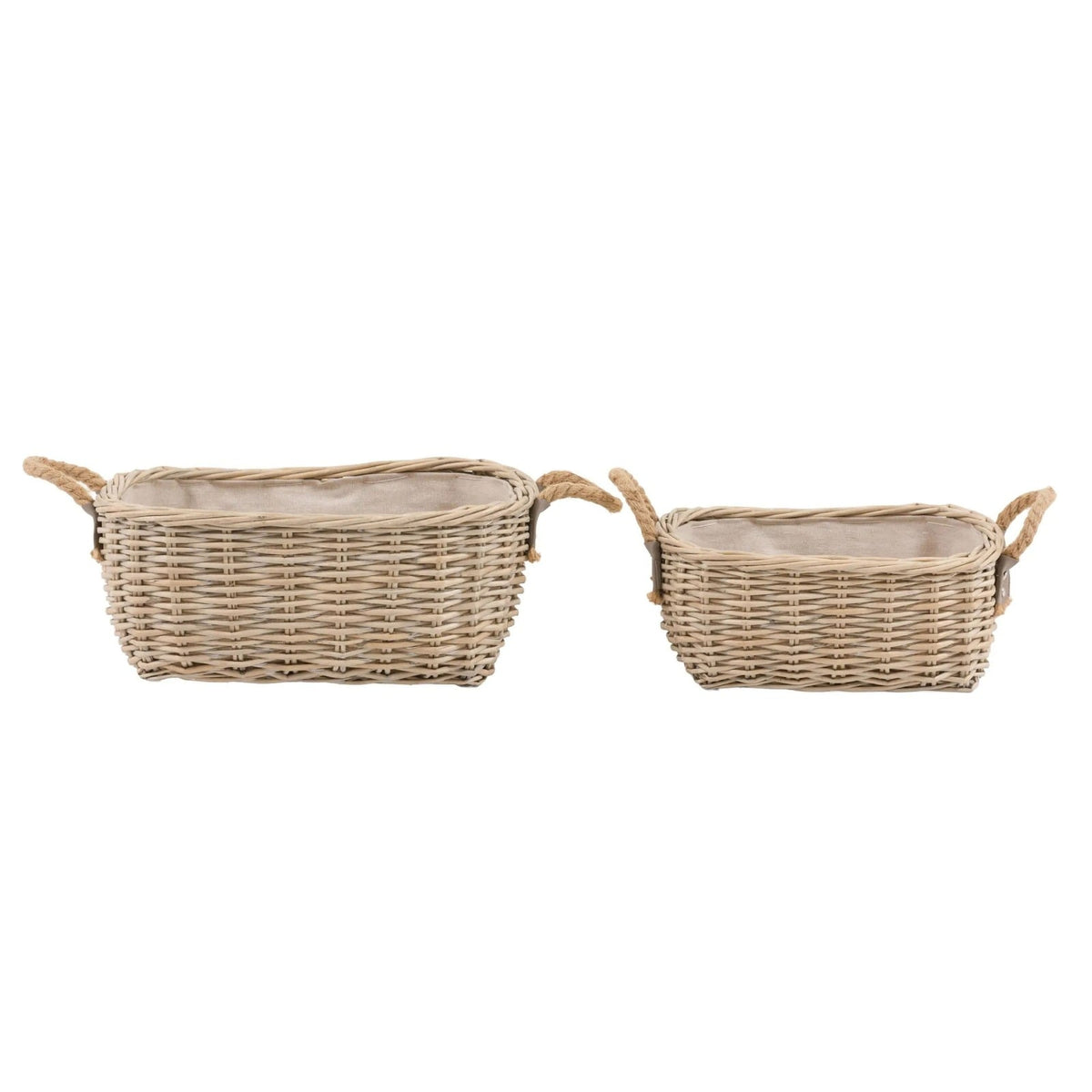 Set of two natural wicker storage baskets with rope handles and removable fabric liners, shown against a white background.