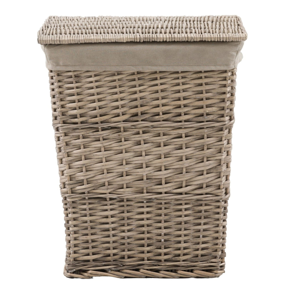 Rectangular wicker laundry basket with beige fabric liner and fitted lid.