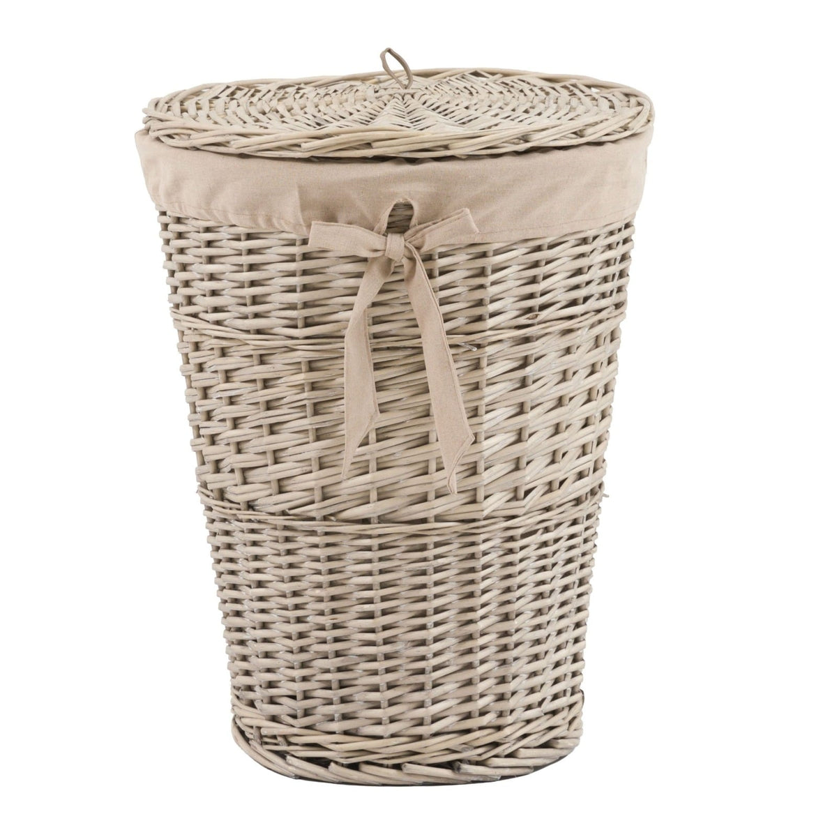 Tall grey wicker laundry basket with removable fabric liner and tie detail, featuring a matching woven lid.