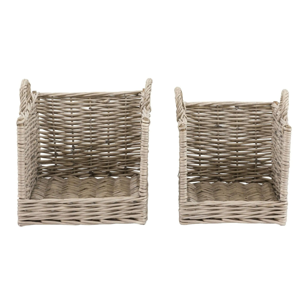 Pair of rectangular wicker storage baskets with cut-out front and handles, ideal for home organisation or log storage.