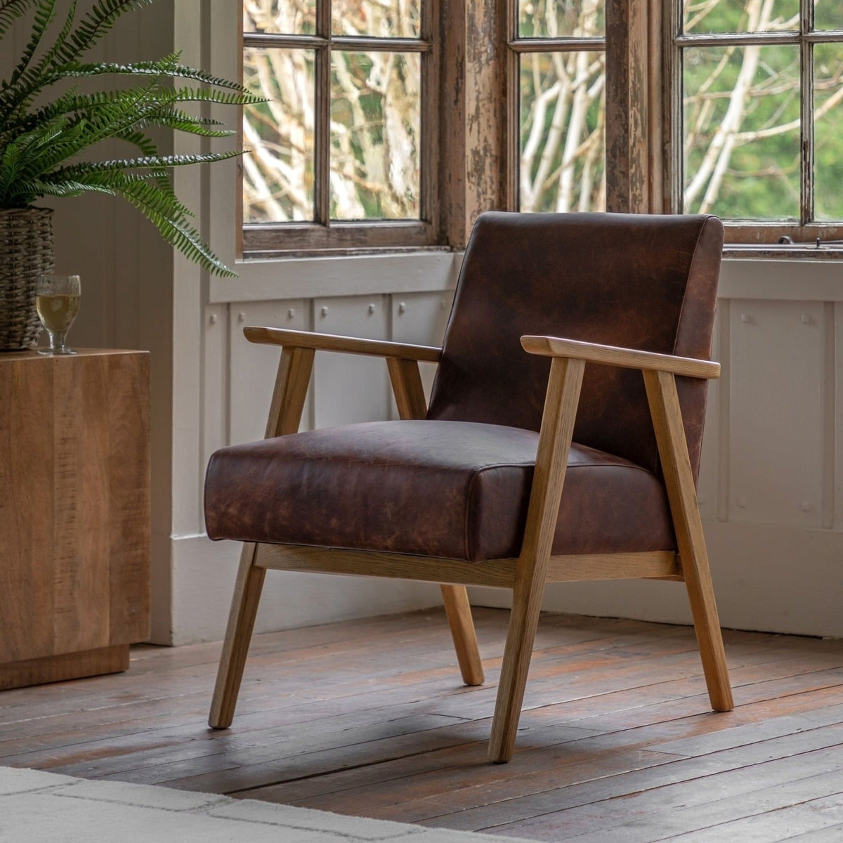 Hereford Mid Century Style Armchair in Brown Leather