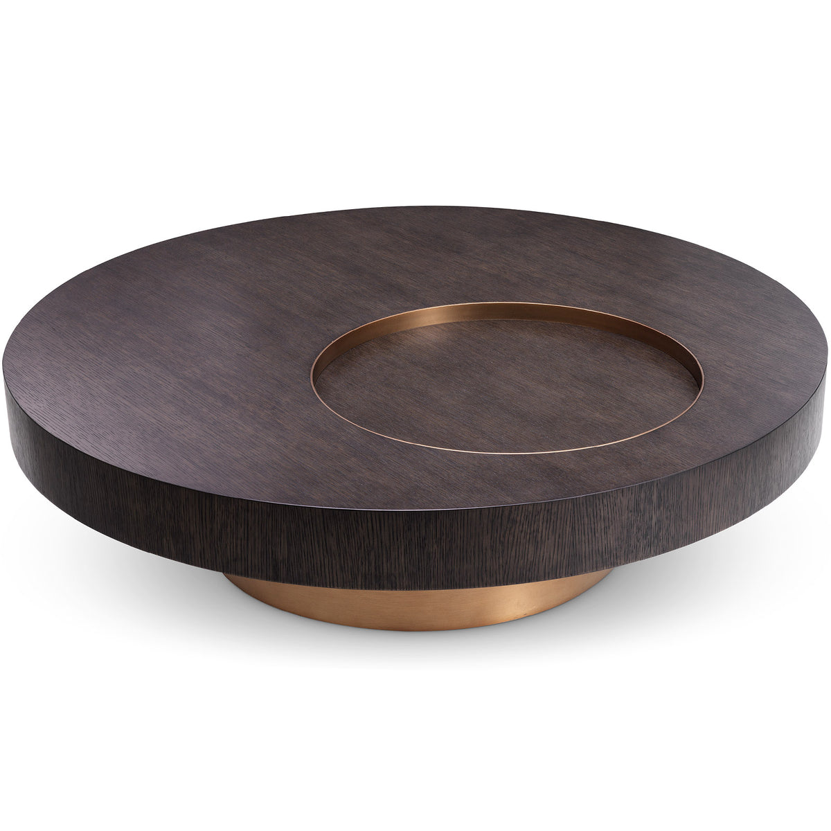 Otus Round Coffee Table in Mocha Oak Veneer and Brushed Brass