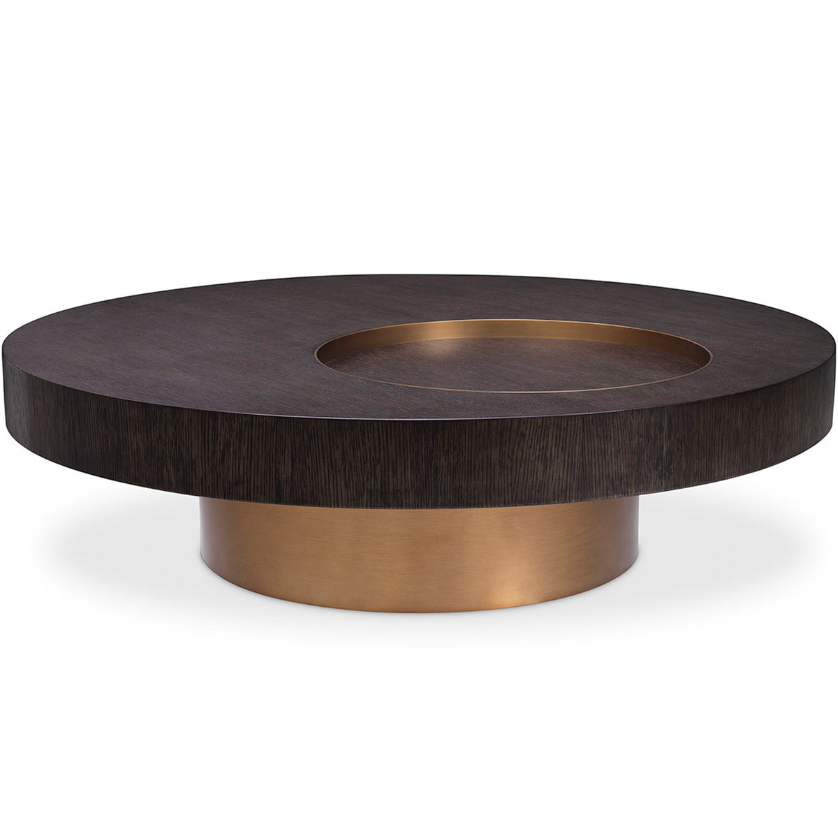Otus Round Coffee Table in Mocha Oak Veneer and Brushed Brass