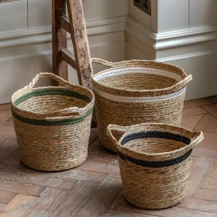 Storage Basket in Striped Olive - Set of 3