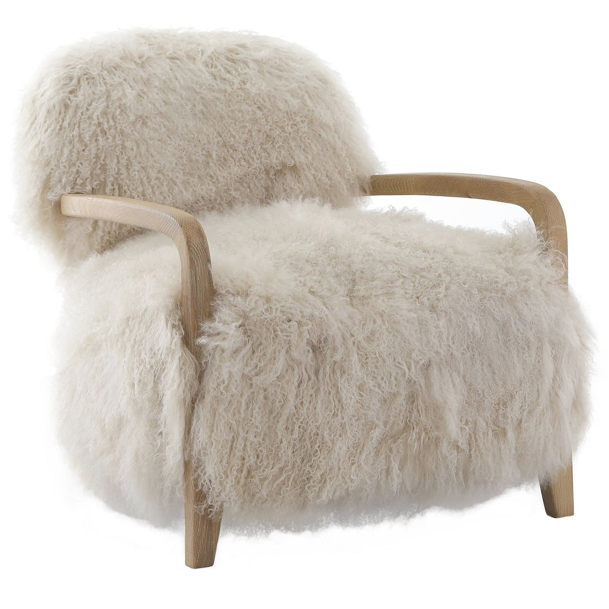 Natural real long sheepskin accent chair from Keiichi Baaarb collection, styled in a modern living room interior.